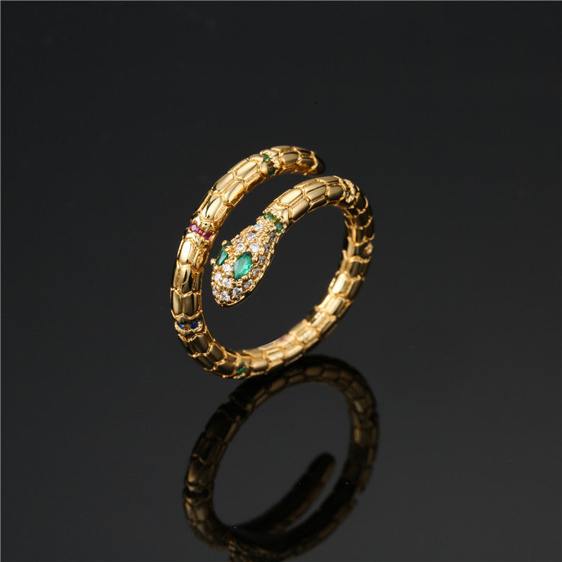 Gold Snake Ring with Cubic Zirconia