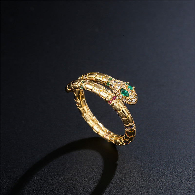 Gold Snake Ring with Cubic Zirconia