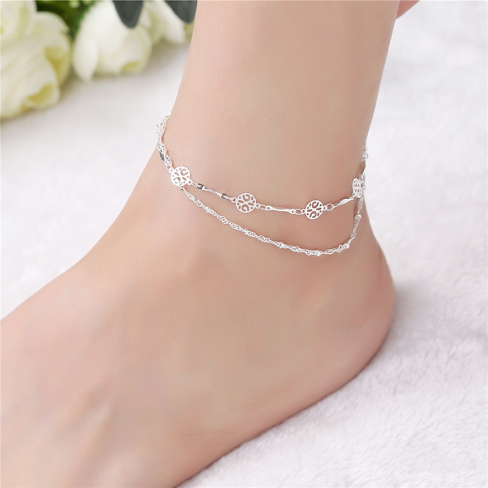 Hollow Beaded Silver Anklet
