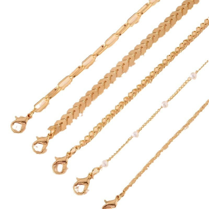 5-Piece Multi-Layer Pearl Anklet Set