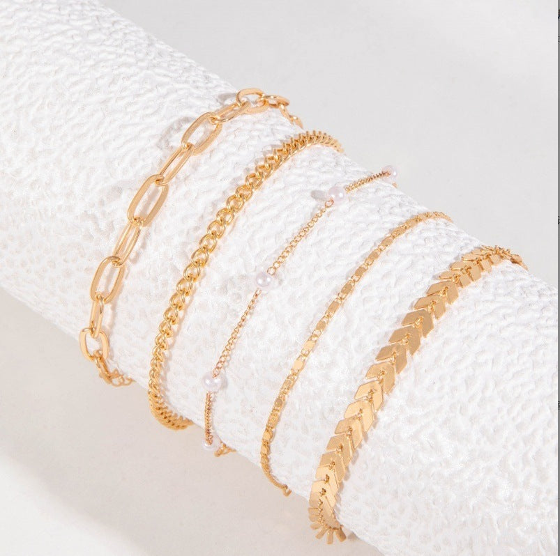 5-Piece Multi-Layer Pearl Anklet Set