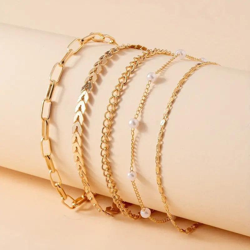 5-Piece Multi-Layer Pearl Anklet Set